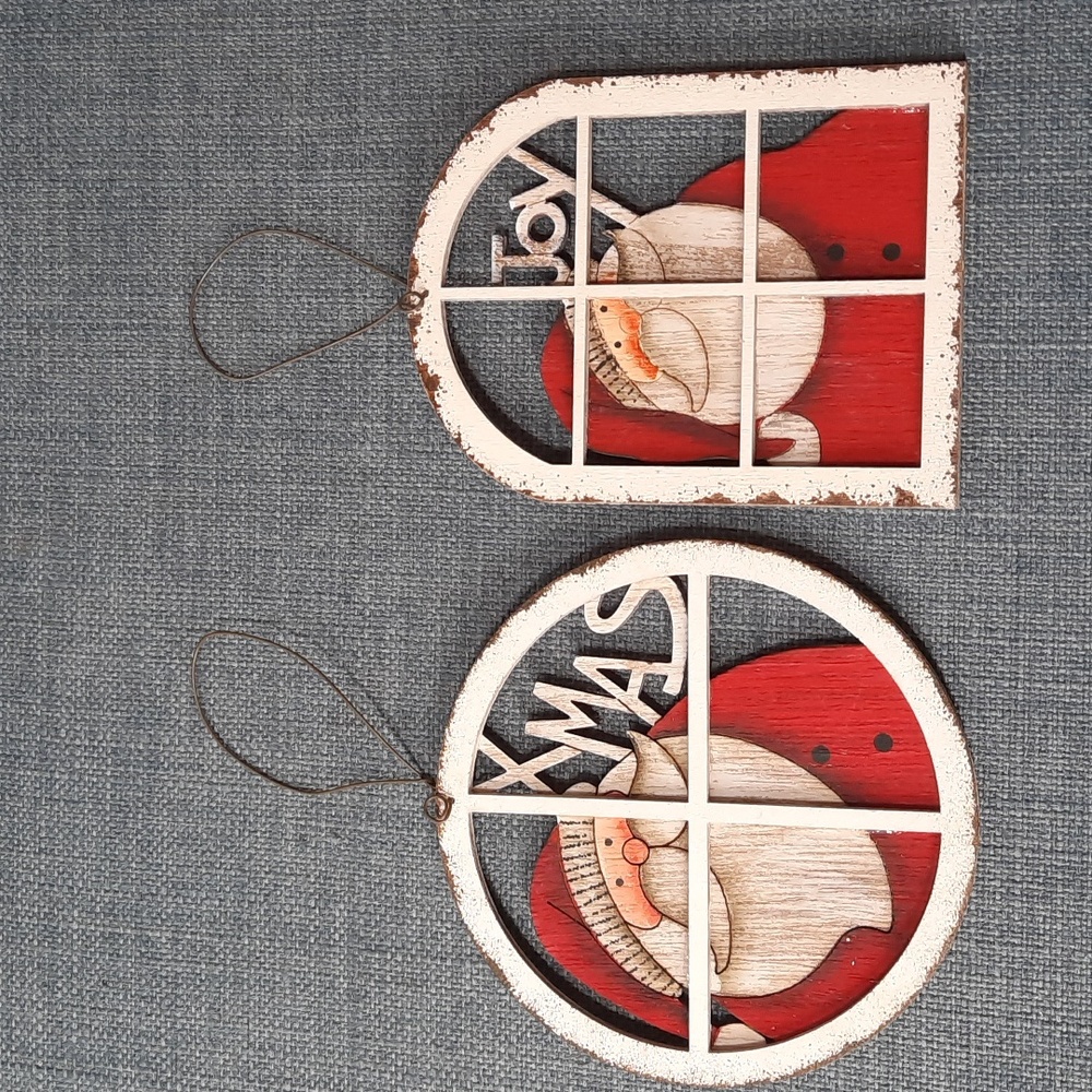 Christmas Ornament Santa Xmas Laser Cut Wood Hand Painted Wire Hanger 2 pieces